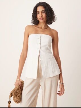 Stradivarius White Tailored Bandeau Top | Size M | Chic Linen Look
